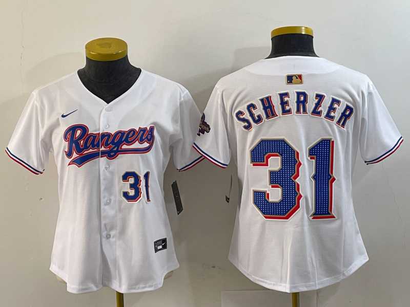 Womens Texas Rangers #31 Max Scherzer Number White 2024 Gold Collection Limited Cool Base Jerseys
